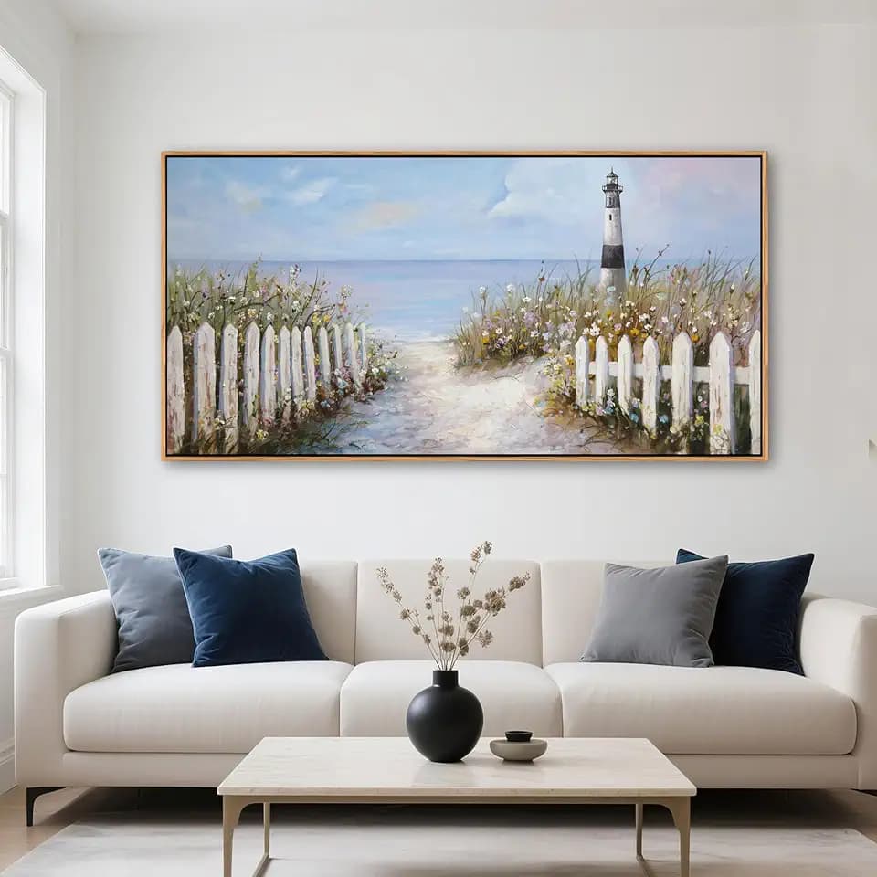 Ocean Wall Art for Living Room - Coastal Canvas Artwork for Walls, Vintage Landscape with Lighthouse, Farmhouse Beach Pictures, Framed Bedroom Wall Decor 20×40IN