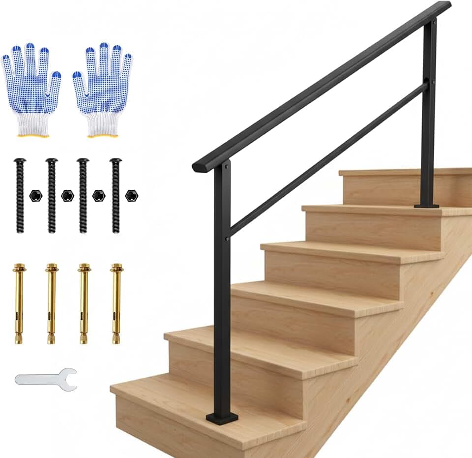 Garvee Outdoor Handrail for Steps, 5 Step Stair Handrail & Indoor Stair Railing Kit, Black Aluminum Railing with Iron Poles for Outdoor Indoor Steps & Porch, Includes Gloves (1 Pack)