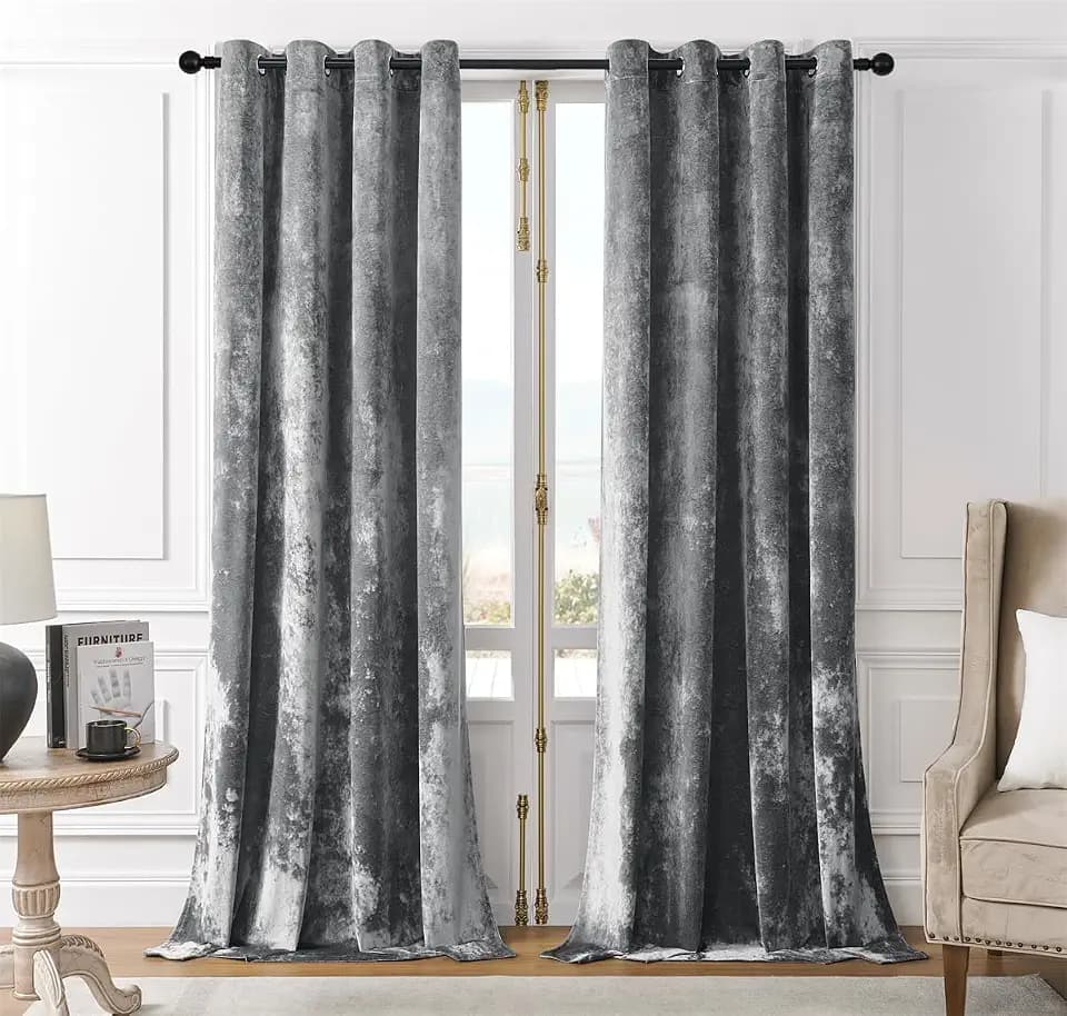 SMILETIME Grey Crushed Velvet Curtains 52x90 inch Grommet- 2 Panels