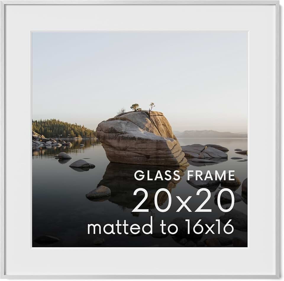 HAUS AND HUES 20x20 Picture Frame with Real Glass & Silver Premium-Grade Metal Matted to 16x16 - Aluminum 20x20 Frame - Includes Hanging Kit - Ideal for Home, Office (20x20 in, Silver)