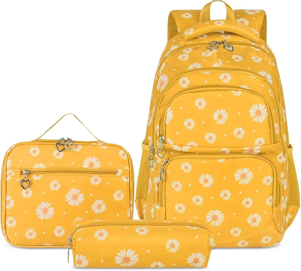 Glodwheat Daisy Printed Backpack For Girls- 3Pc Set With Lunch Box & Pencil Case, Lightweight Water-Resistant Bookbag For Elementary School