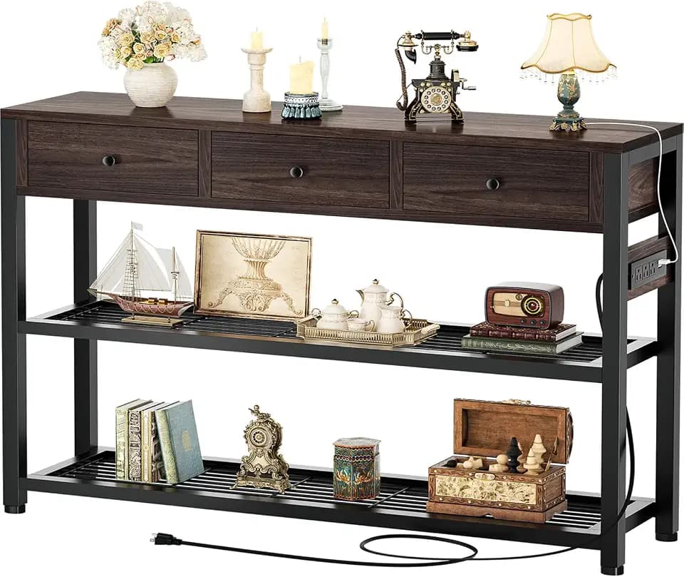 Ecoprsio 47'' Entryway Table with Outlets and USB Ports, Console Table with 3 Drawers, Sofa Table Narrow Long with Storage Shelves for Living Room, Couch, Hallway, Foyer, Black Walnut Finish