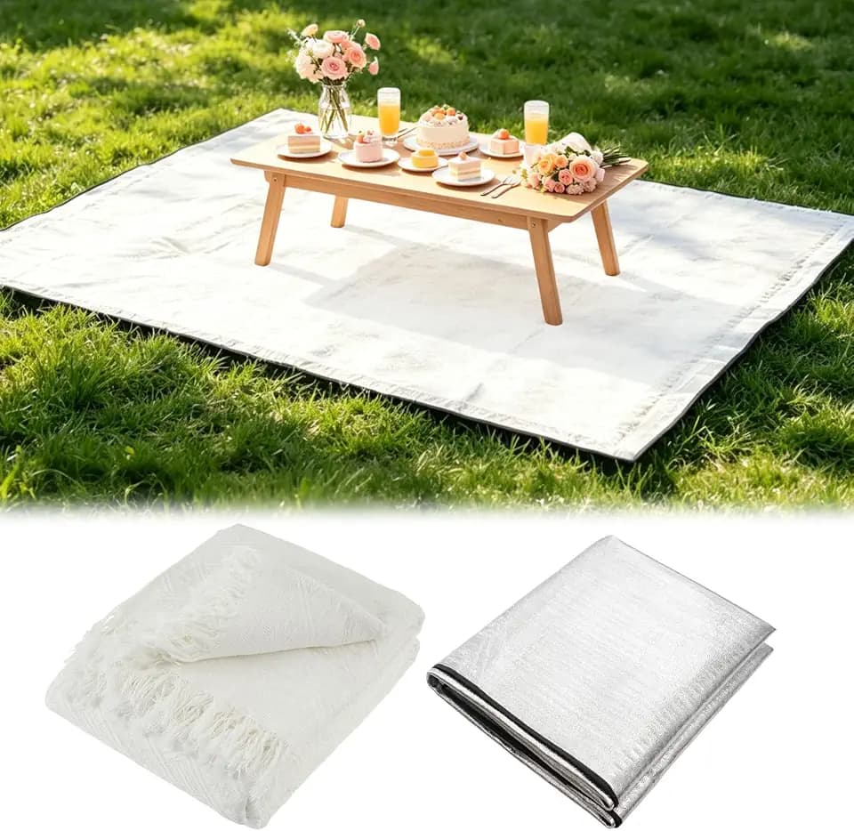 91x71 In Extra Large Outdoor Picnic Blanket with 94x79 In Waterproof Mat, Oversize Woven Cotton Yarn Beach Blanket with Fringe, Machine Washable Portable for Spring Summer Camping Beach Park (White)