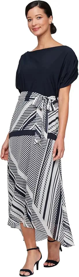 S.L. Fashions Women's Tea Length Hi-Low Mixed Media Wedding Guest Dress with Stretch Top and Printed Striped Chiffon Skirt
