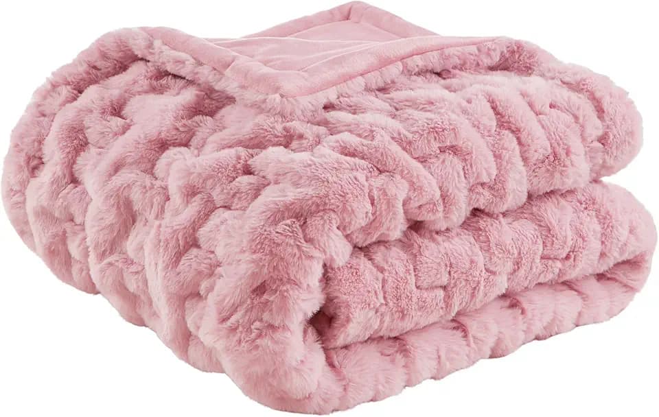 Madison Park Ruched Fur Throw Faux Fur Blanket for Sofa, 50" x 60", Pink