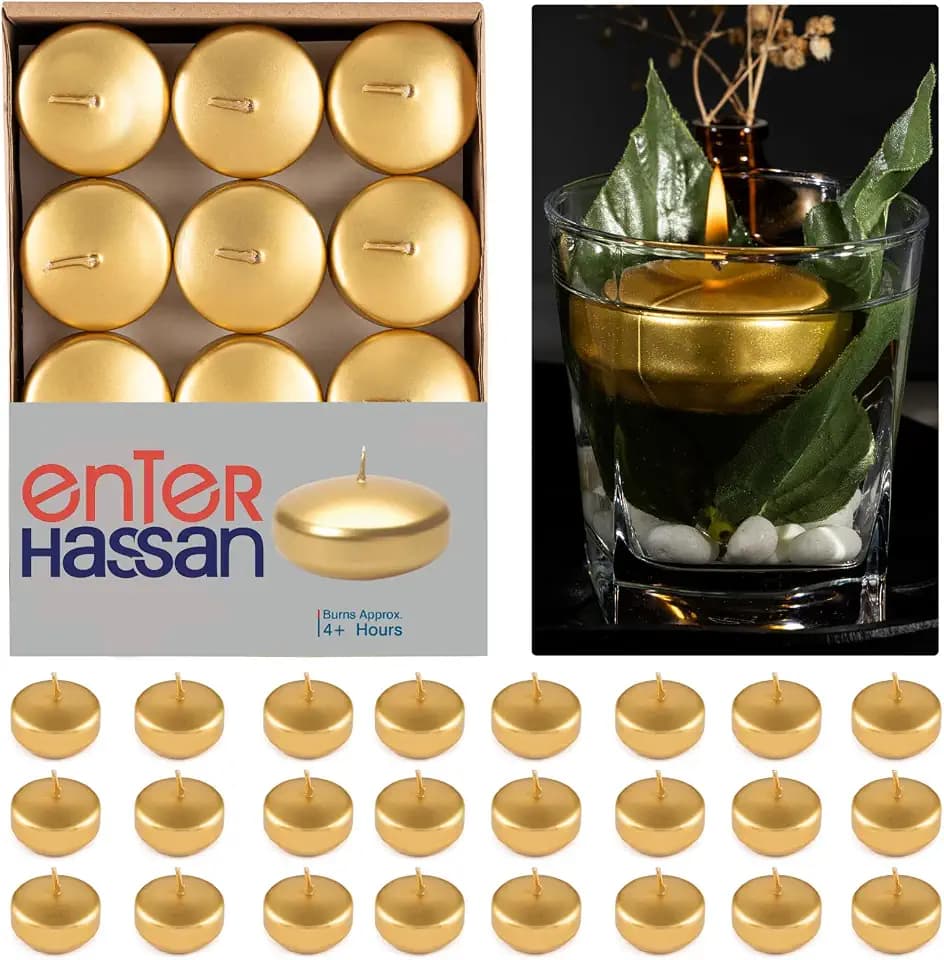Gold Floating Candles 2" Unscented – Pack of 24 Metallic Color Floating Round Tealights, 4+ Hours Burn, Dripless & Smokeless with 100% Cotton Wick – Premium for Christmas, Dinner & Home Decor