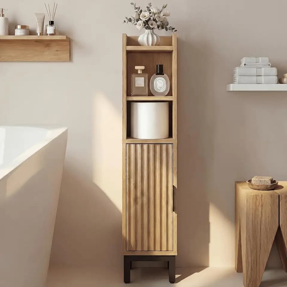 Small Bathroom Storage Cabinet Corner Narrow Toilet Paper Floor Cabinet Oak