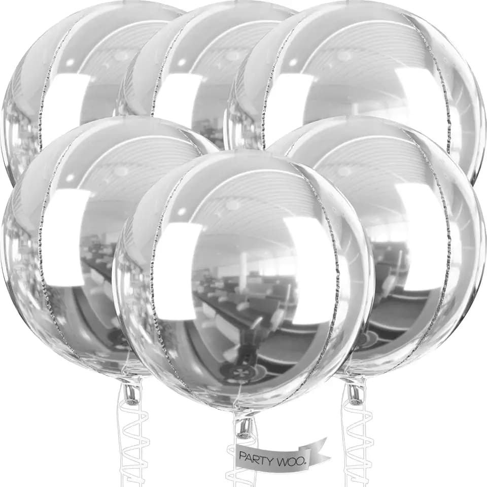PartyWoo Metallic Silver Foil Balloons 6pcs Large Round Giant 4D Balloons