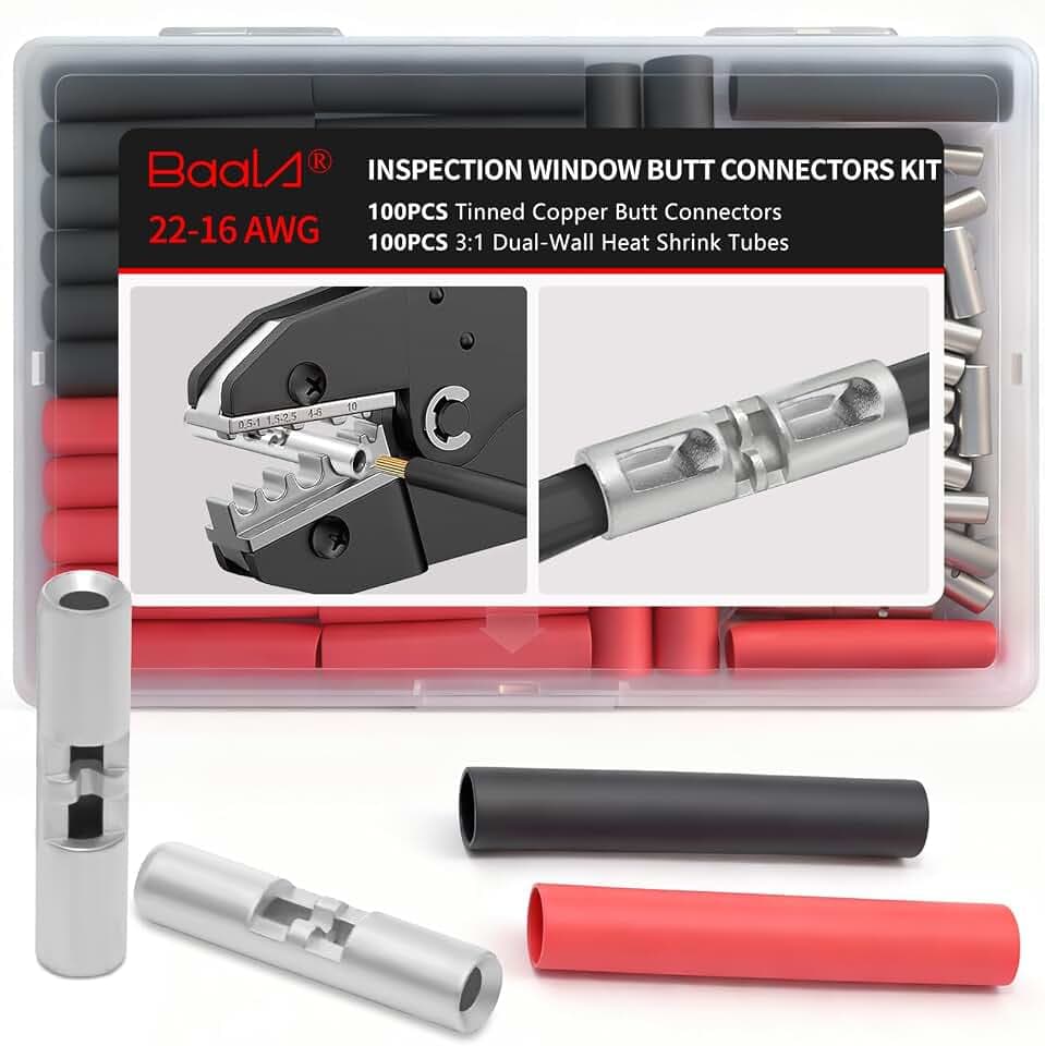 BAALA 100PCS 22-16 Gauge Butt Connectors Crimp Wire Splice Connector, Inspection Window Wire Butt Connector, Tinned Copper Non Insulated Butt Connectors with 100PCS 3:1 Heat Shrink Tubes Marine Grade