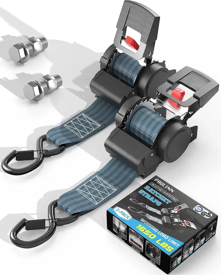 PAULINN Retractable Ratchet Straps 2 Inch x 6 FT, 2 Packs Heavy Duty Trailers Boats Transoms Mount Straps Set w/Mounting Bolts for Large Boats and Heavy Equipment, One-Button Automatic Retract