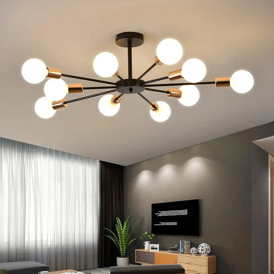 10-Light Semi Flush Mount Light Fixture, Black and Gold Sputnik Ceiling Light, Modern Close to Ceiling Light for Bedroom Kitchen Living Room Entryway Laundry Room