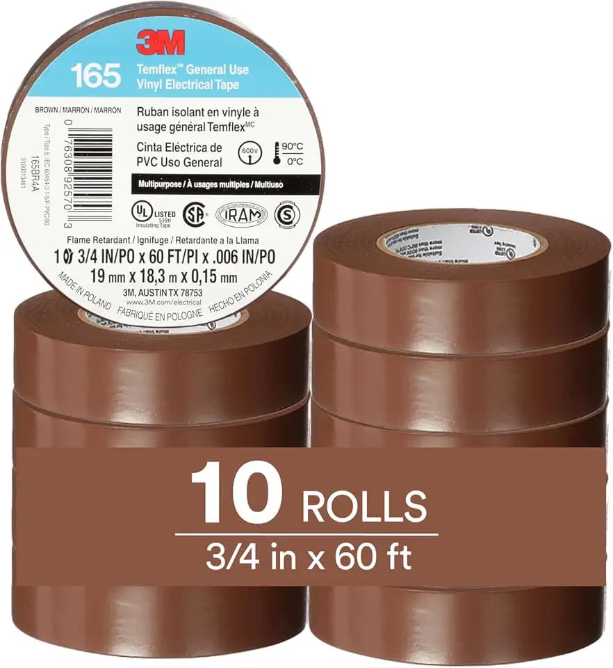 3M Temflex Vinyl Electrical Tape 165, 3/4 in x 60 ft, Brown, 10 Roll Pack