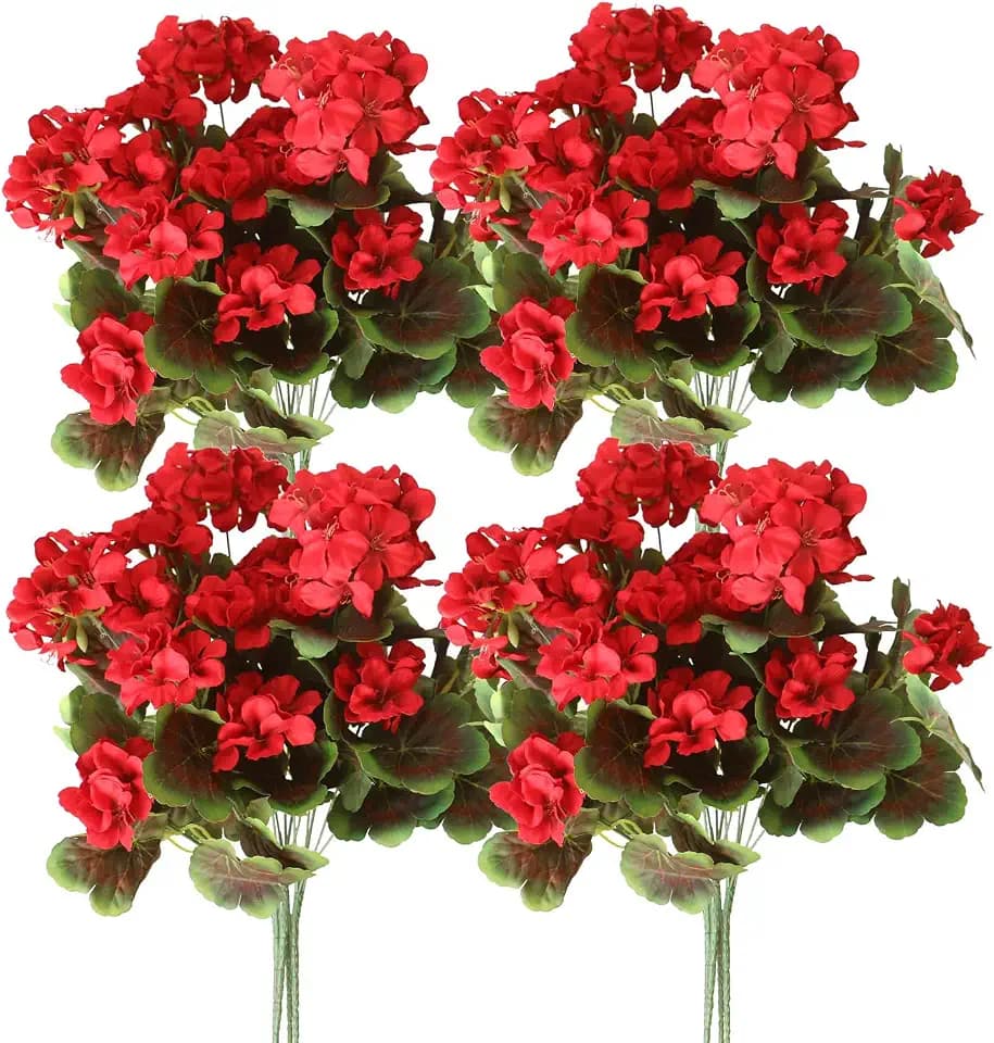 Artificial Flowers Outdoors UV Resistant Fake Red Geraniums, 4PCS
