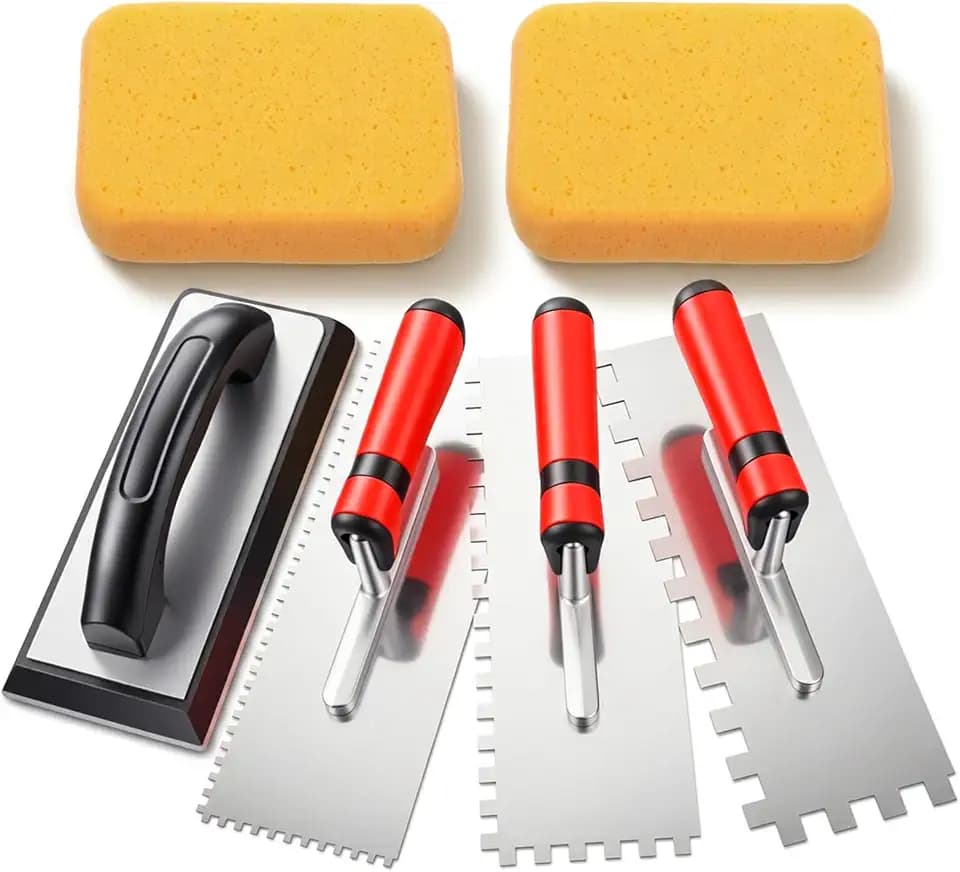 6 Pcs Tile Tools Set Stainless Steel Square Notch Tile Trowel 5/32 5/16 1/2 Inch with Rubber Grout Float and Grout Sponge Tiling Installation Grouting