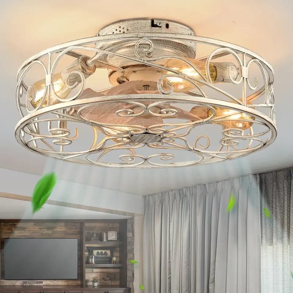 20" Caged Ceiling Fans with Lights and Remote, Bladeless Ceiling Fan 6 Speed Reversible with 4 Bulbs and Remote Control,Flush Mount Caged Ceiling Fan for Bedroom, Living Room, (Include Bulbs)