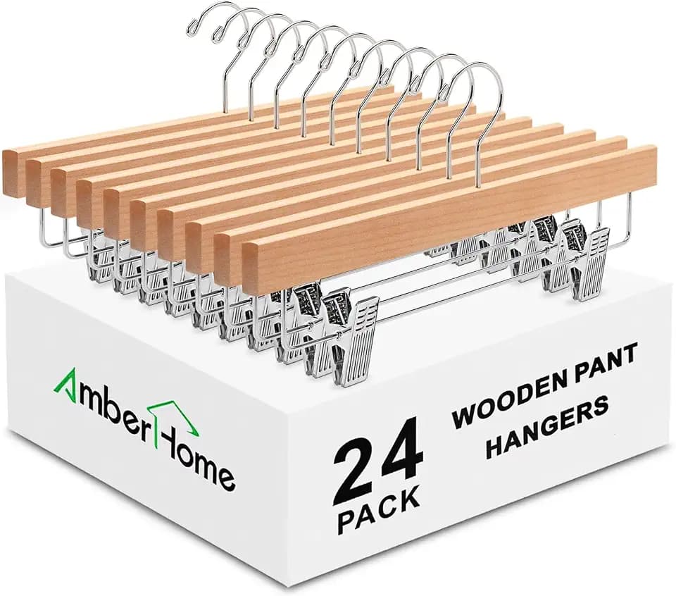 Amber Home 24 Pack Natural Wooden Pants Hangers with Adjustable Clips, 14"