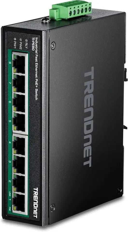 TRENDnet TI-PE80 8-Port-DIN-Schienen-Fast-Ethernet-PoE+-Industrie-Switch, 8-Port-Fast-Ethernet-PoE+, nicht verwalteter IP30-Netzwerk-Switch, 200 W PoE-Leistungsbudget