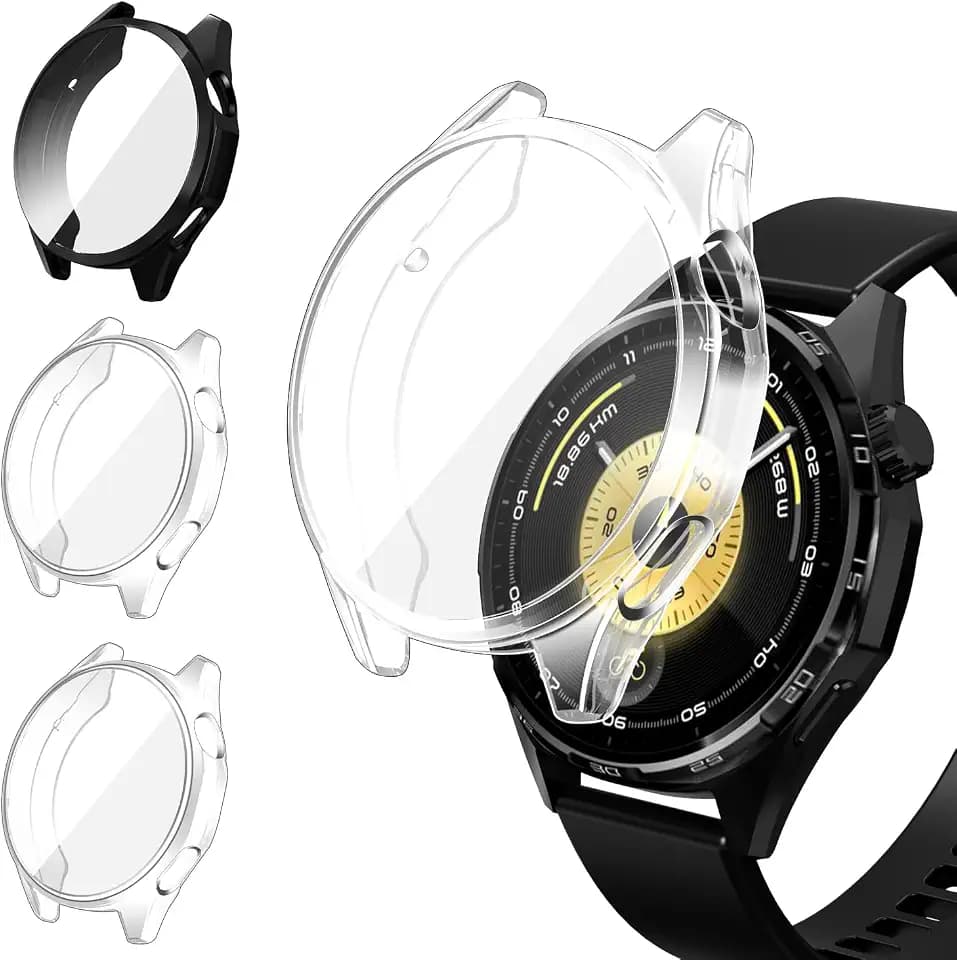 ivoler 3 Stücke Hülle mit Schutzfolie für Huawei Watch GT 7/6 46mm, Vollständige Abdeckung Stoßfest Kratzfest Schutzhülle Ultradünne Weiche TPU Displayschutz Case, 2 Klar + 1 Schwarz