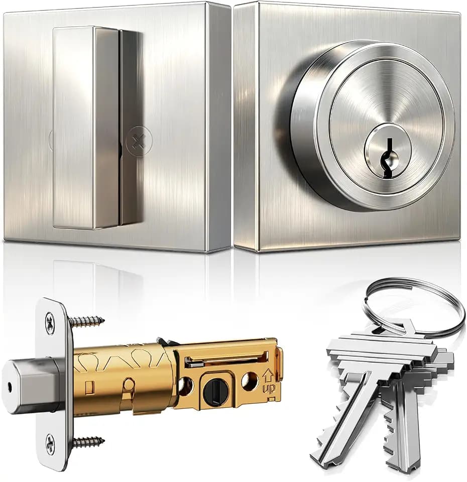 Veise Modern Square Deadbolt, Satin Nickel Single Cylinder Door Lock ANSI 3