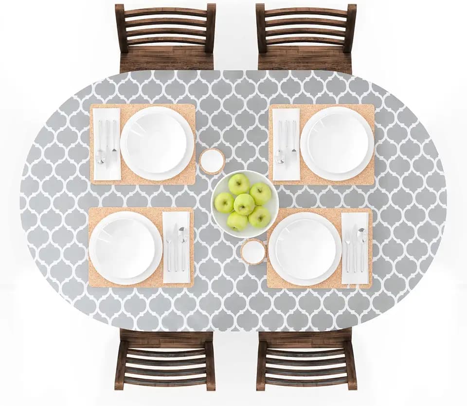 UMINEUX Oval Fitted Vinyl Tablecloth with Elastic Edged & Flannel Backing, Waterproof Wipeable Oval Table Cover - Fits Tables up to 42"X68" (Gray Moroccan)