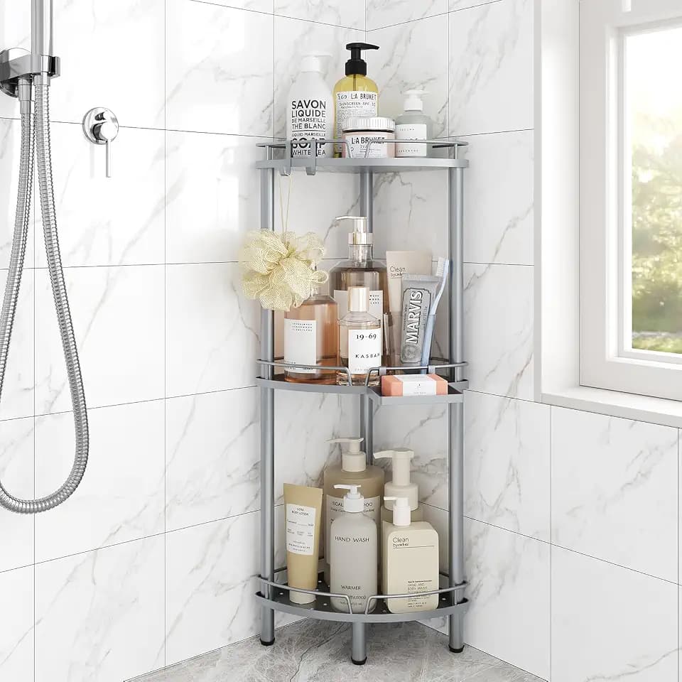 ELYKEN Corner Shower Caddy Standing, 3 Tier Metal Shower Organizer, Silver