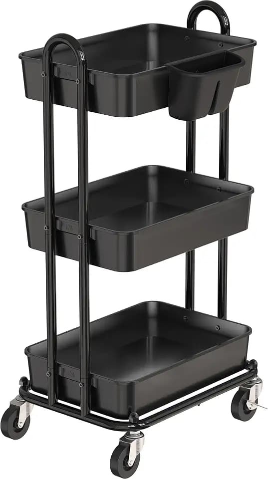 Simple Houseware 3-Tier Rolling Utility Cart with Hanging Bucket, Black
