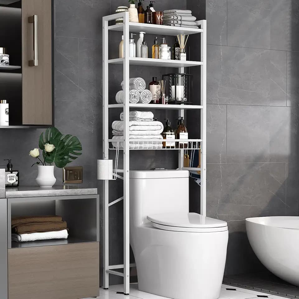 Kalrin Over-The-Toilet Storage Rack, 4-Tier Bathroom Organizer Shelf Over Toilet with Adjustable Shelf and Basket, Freestanding Space Saver Bathroom Shelves Above Toilet for Room (Pure White)