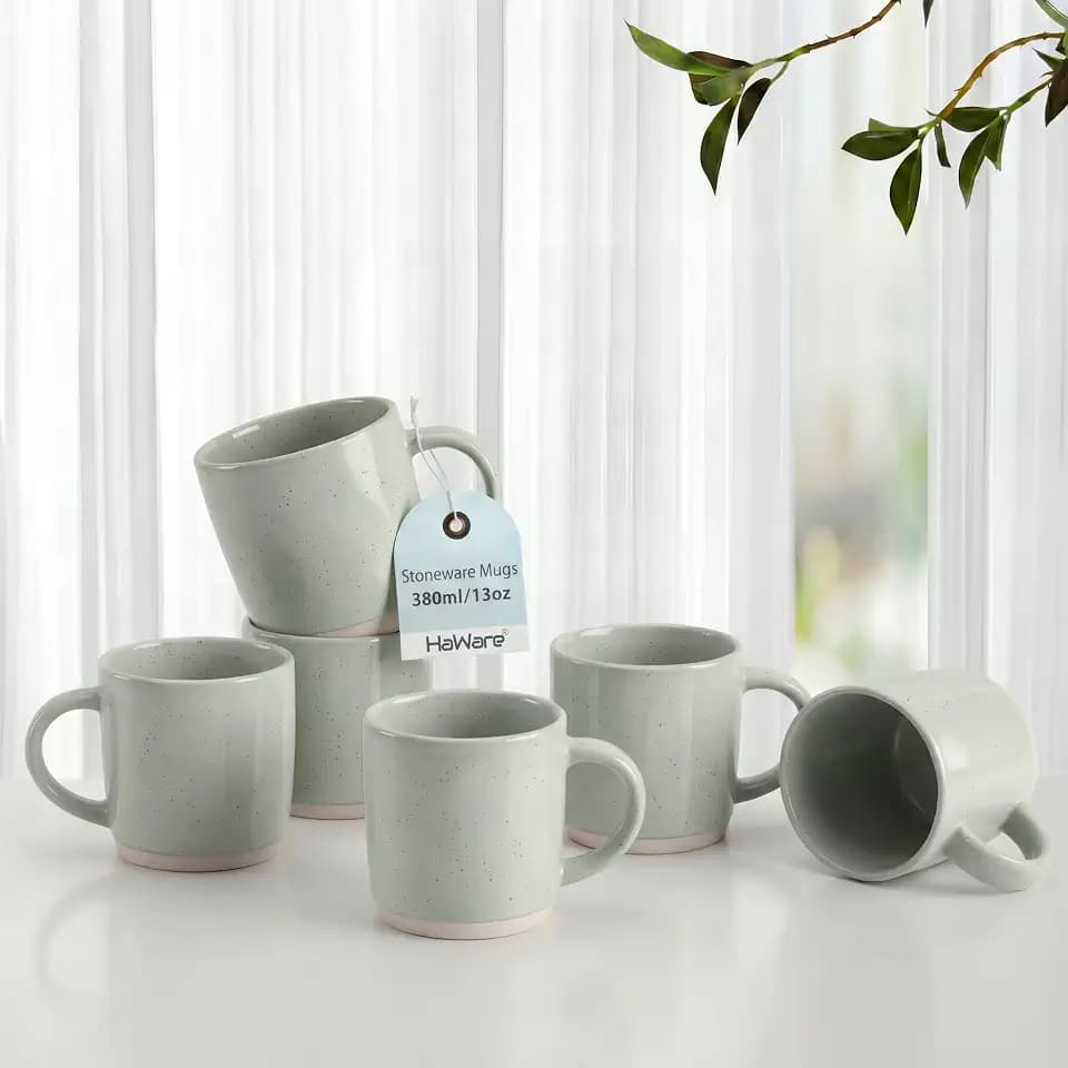 HaWare 13OZ Coffee Mugs Set of 6, Stoneware Coffee Cups, Ceramic Latte Mug for Man, Woman, Modern Tea Mugs for Latte/Cappuccino/Cocoa/Milk, Dishwasher& Microwave Safe, Speckled Asparagus Green