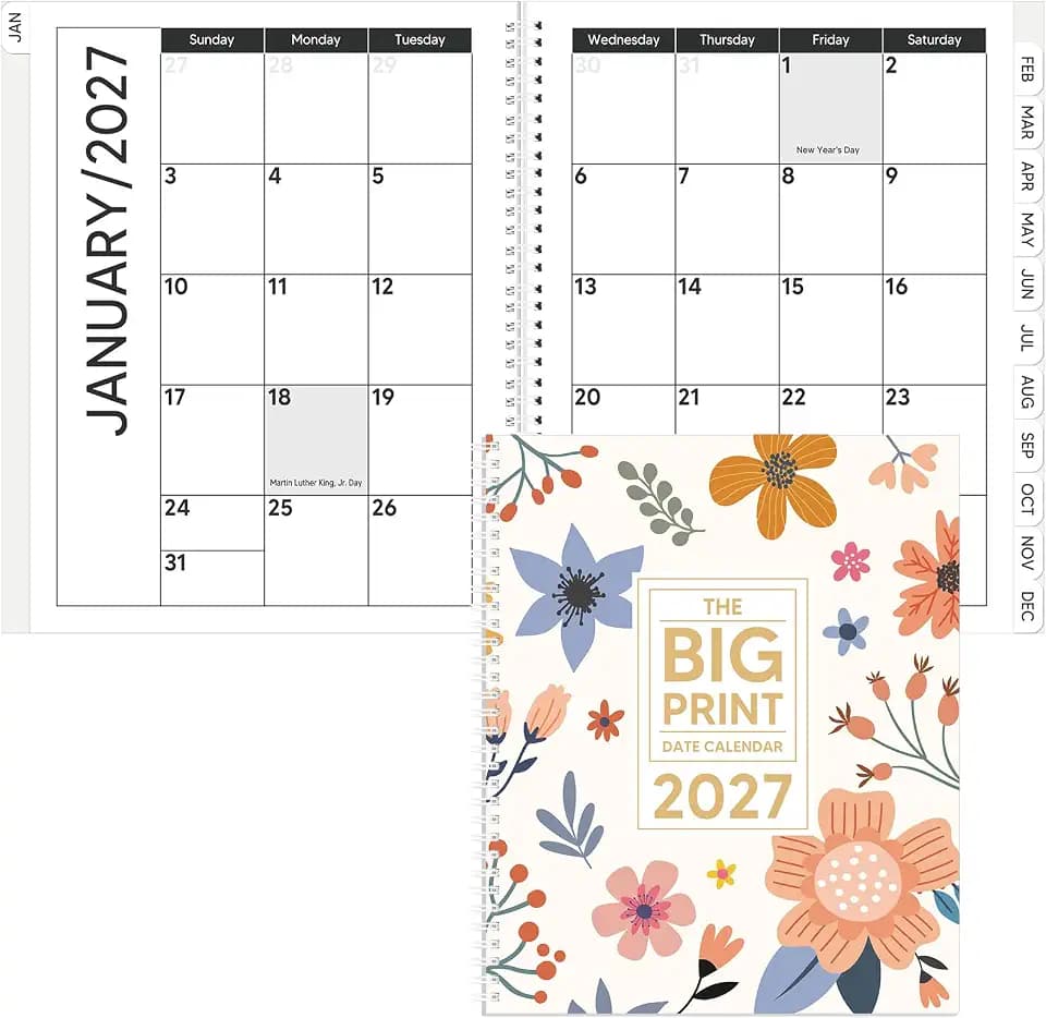 Fullhawl Large Print Calendar 2027 Date Planner, Multicolor, Flowers