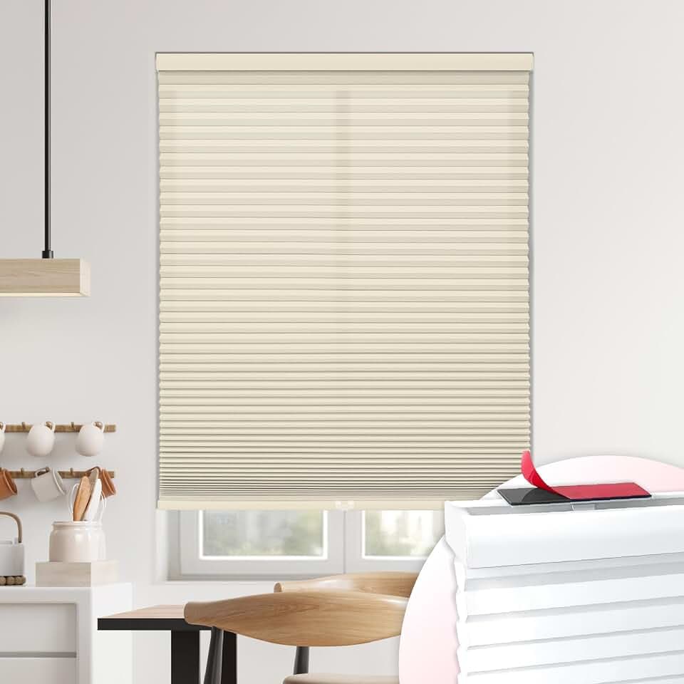 DEZ FURNISHINGS EZ Stick No Drill No Tools Cordless 1.5" Light Filtering Cellular Shade, 33.5" W x 48" H, Alabaster