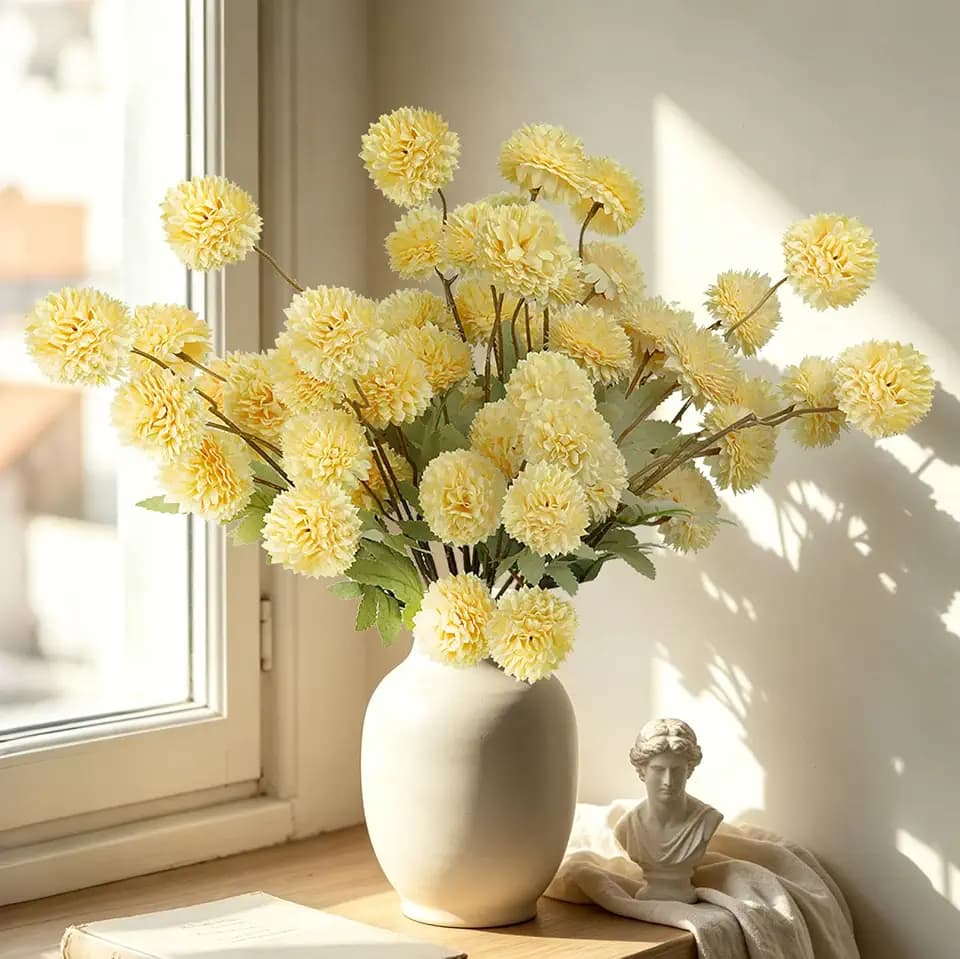12 Pcs Artificial Mums with Long Stems 20 Inch Yellow Faux Flowers for Vase