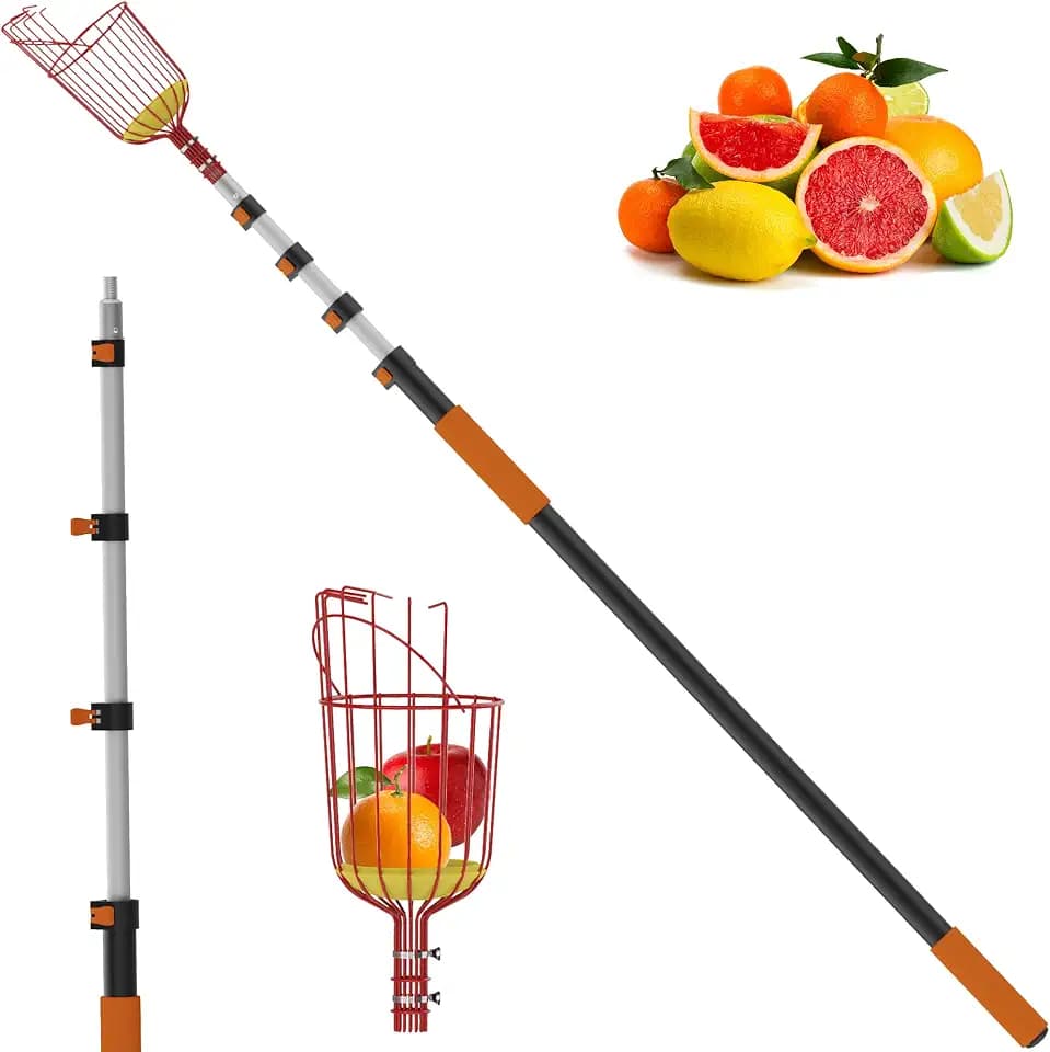 26FT Reach Fruit Picker Pole with Basket Telescoping,5-20FT Fruit Picker Pole with Basket, Apple Picker with Telescoping Long Handle, Fruit Grabber with Sturdy & Adjustable Aluminum Pole for Orange