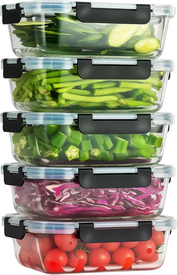 5-Piece Set, 36 oz Glass Food Storage Containers with Lids,Black