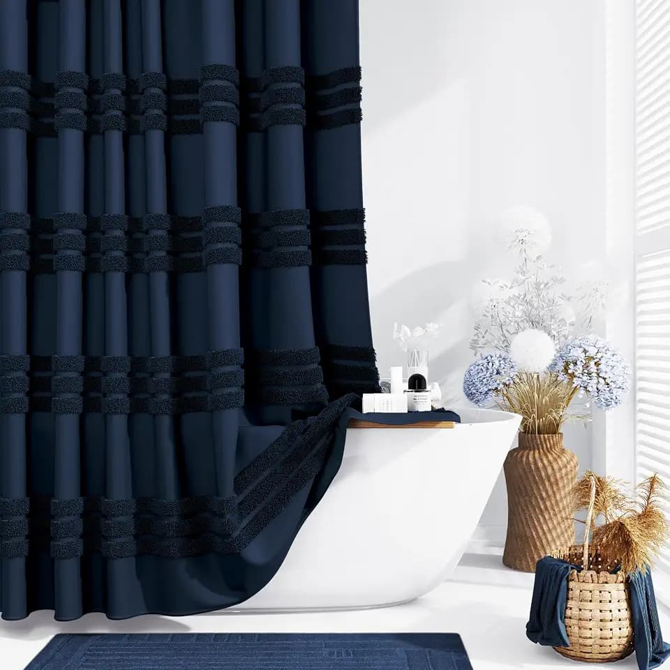 Dynamene Farmhouse Shower Curtain Chenille Striped Fabric 72"x72" Navy Blue