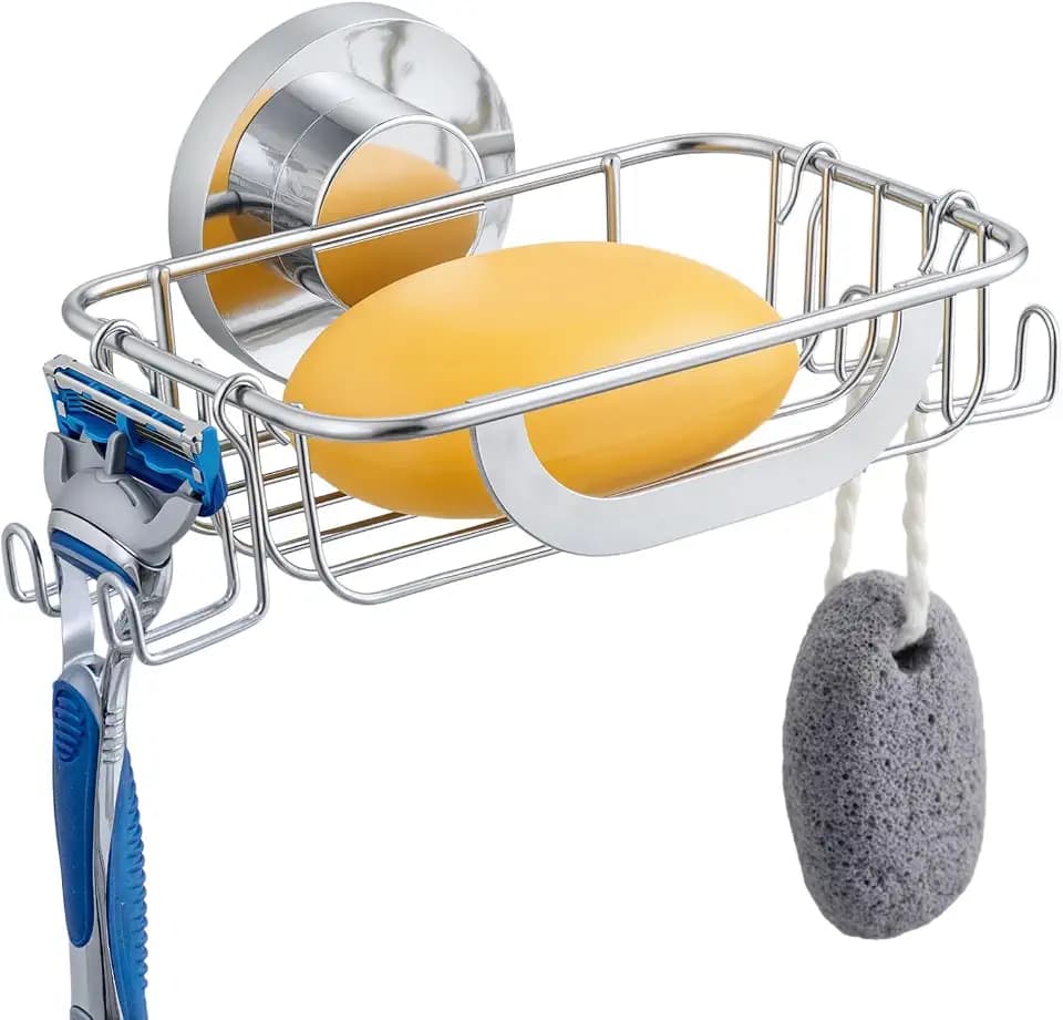Soap Holder,Shower Soap Dish,Suction Cup,with Hooks,Silver