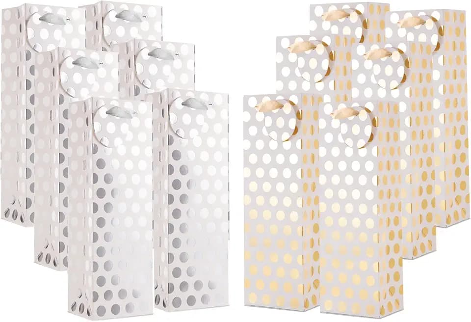 UNIQOOO 12Pcs Premium Quality Gold & Silver Metallic Foil Polka Dots Wine Gift Bag Bulk, w/Gift Massage Tag,100% Recyclable Paper,14"x4.75"x3.5" Wine Carrier Bags Tote Gift Bags, Party Gift Wrapping