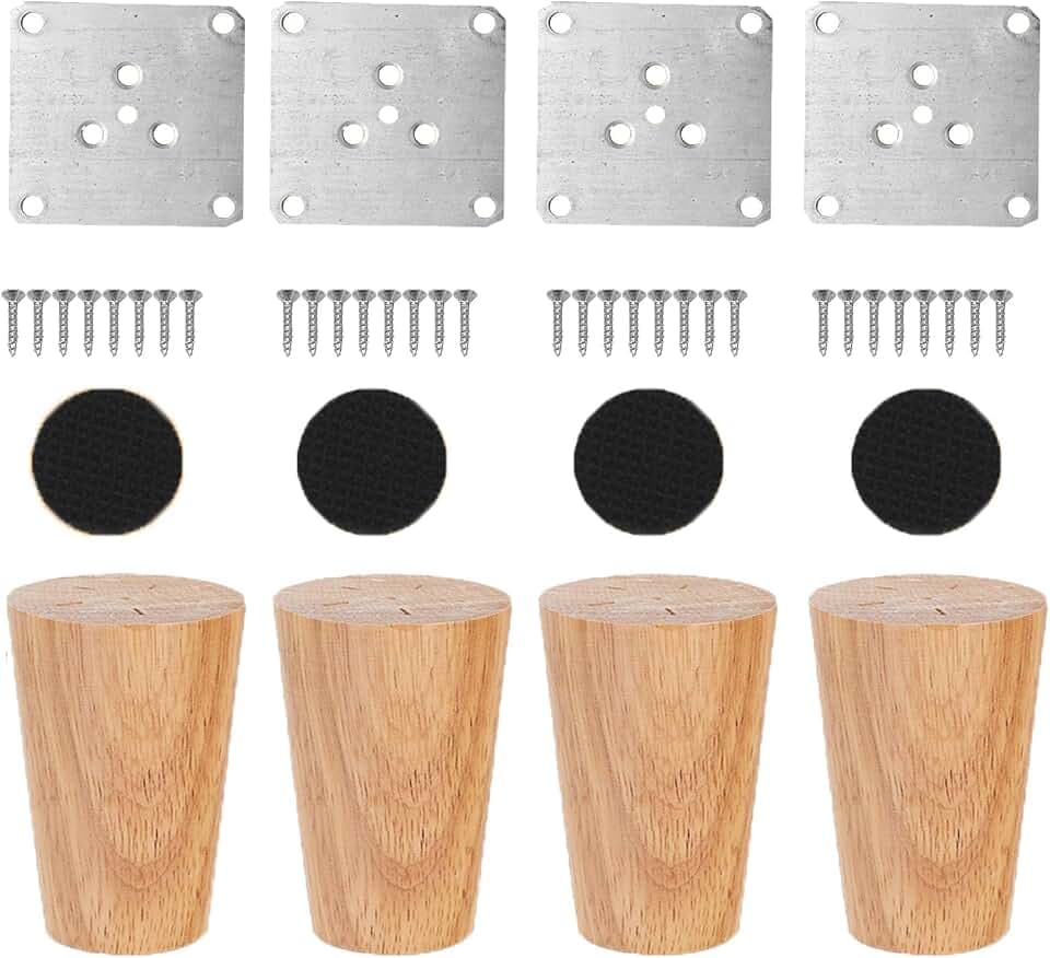 Set of 4 Nature Wood Furniture Leg, 3 Inch Round Sofa Feet Replacement Legs, Chair Bed Closet Cabinet Furniture Feet with Metal Mounting Plates,Screws, Floor Protector Pads for Table Couch