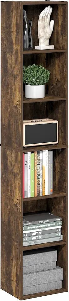 Furinno LUDER 6-Tier Narrow Book Shelf, Slim Bookshelf, Amber Pine