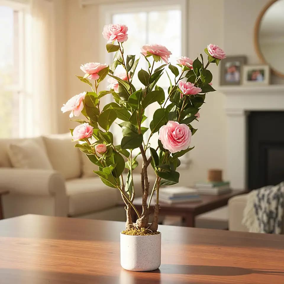 Artificial Camellia Plant in Pot, 29.5 inch Fake Potted Camellia Flower Tree for Home Decor Office Living Room Indoor, Pink