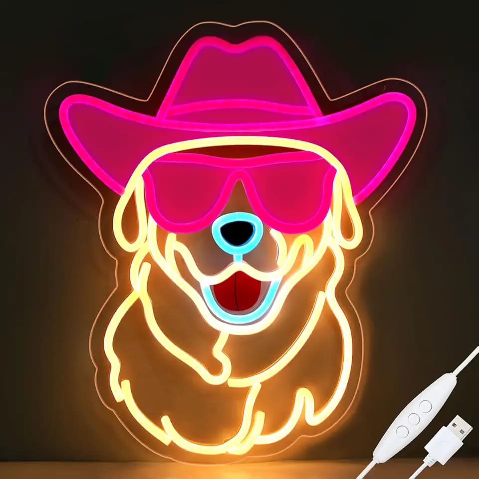 Retisee Gold Retriever Neon Sign Wall Decor Wear Glass Dog with Cowboy Hat