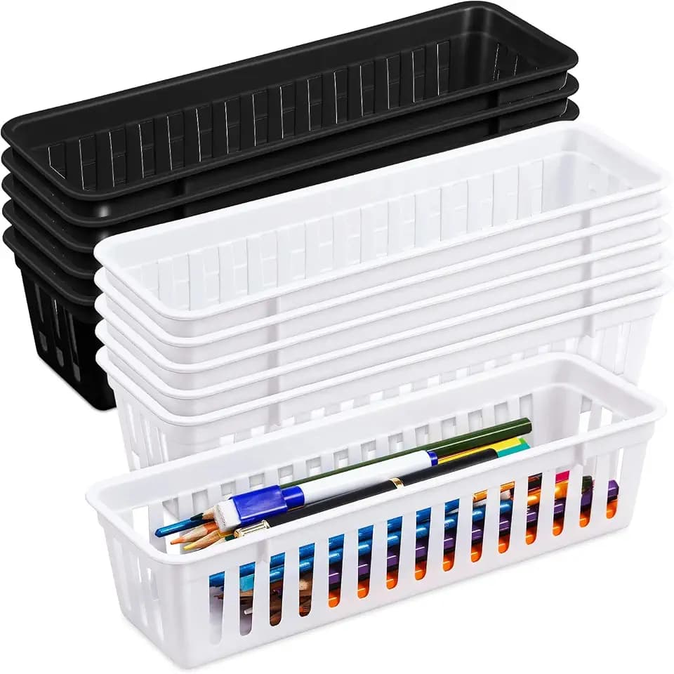 Domensi 12 Pack Slim Plastic Storage Basket Tray Organizer, White, Black