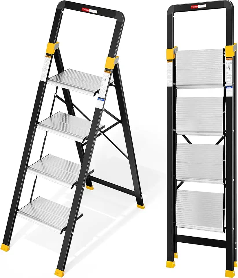 KINGRACK 4 Folding Step Ladder for Home & Kitchen, Aluminum Pedals, Silver