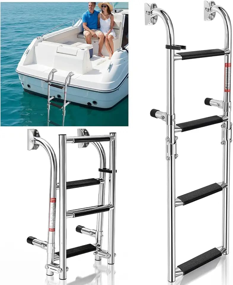 Folding 4 Step Boat Ladder, Heavy Duty 304 Stainless Steel Transom Boarding Swim Platform Ladder with Non Slip Steps, 400 lb Capacity, Corrosion Resistant Ladders for Pontoon, Yacht