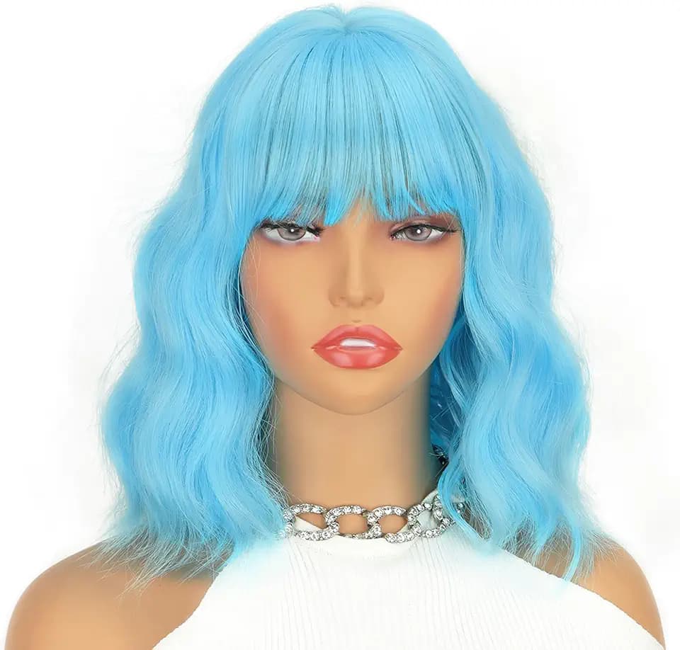 Light Blue Wig with Bangs, Short Blue Wavy Wigs for Women