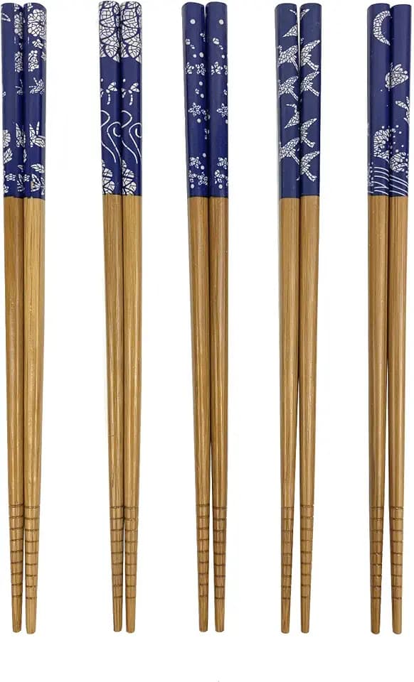 JapanBargain 3649, Bamboo Chopsticks Reusable Japanese Chinese Korean Wood Chop Sticks Hair Sticks 5 Pair Gift Set Dishwasher Safe, 9 inch (1, Blue Print)