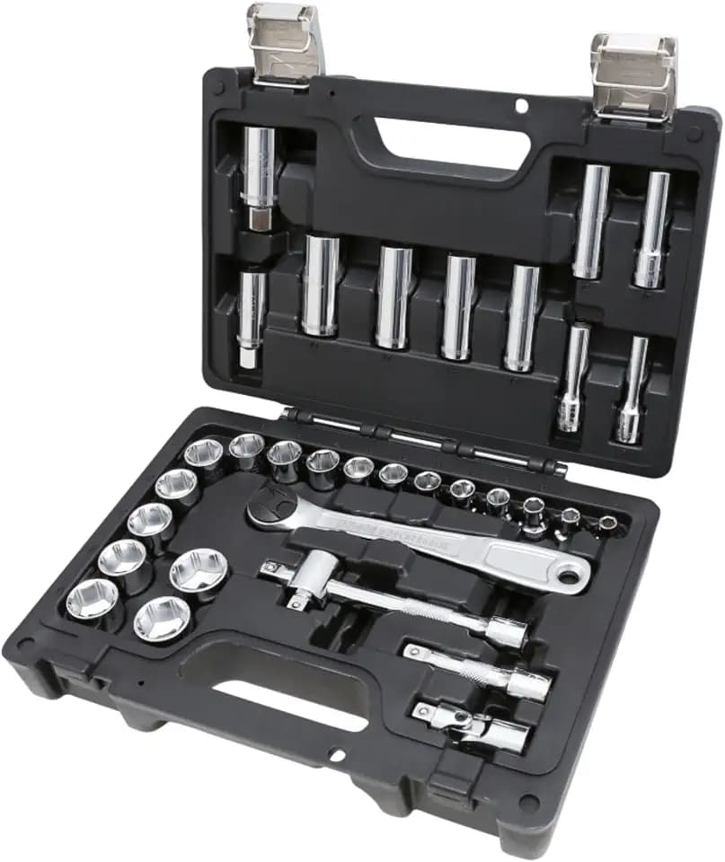 Beta BW 913E/C33 – Professionelles Set mit 28 Sechskant-Stecknüssen und 5 Zubehörteilen, 3/8" Vierkantaufnahme, Chrom-Vanadium-Stahl, in Kunststoffkoffer