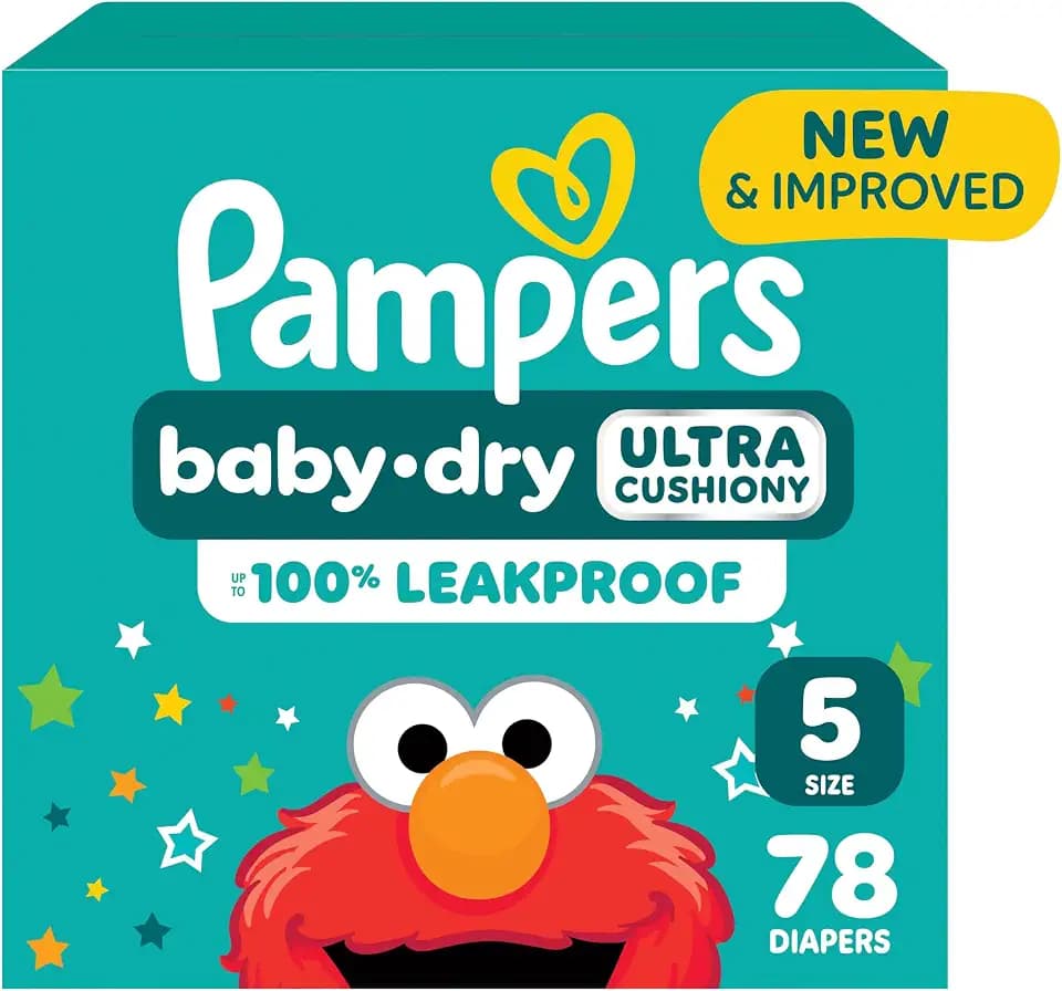 Pampers Baby Dry Ultra Cushiony Diapers, Size 5 (20-37 lbs), 78 Count, Up to 100% Leakproof