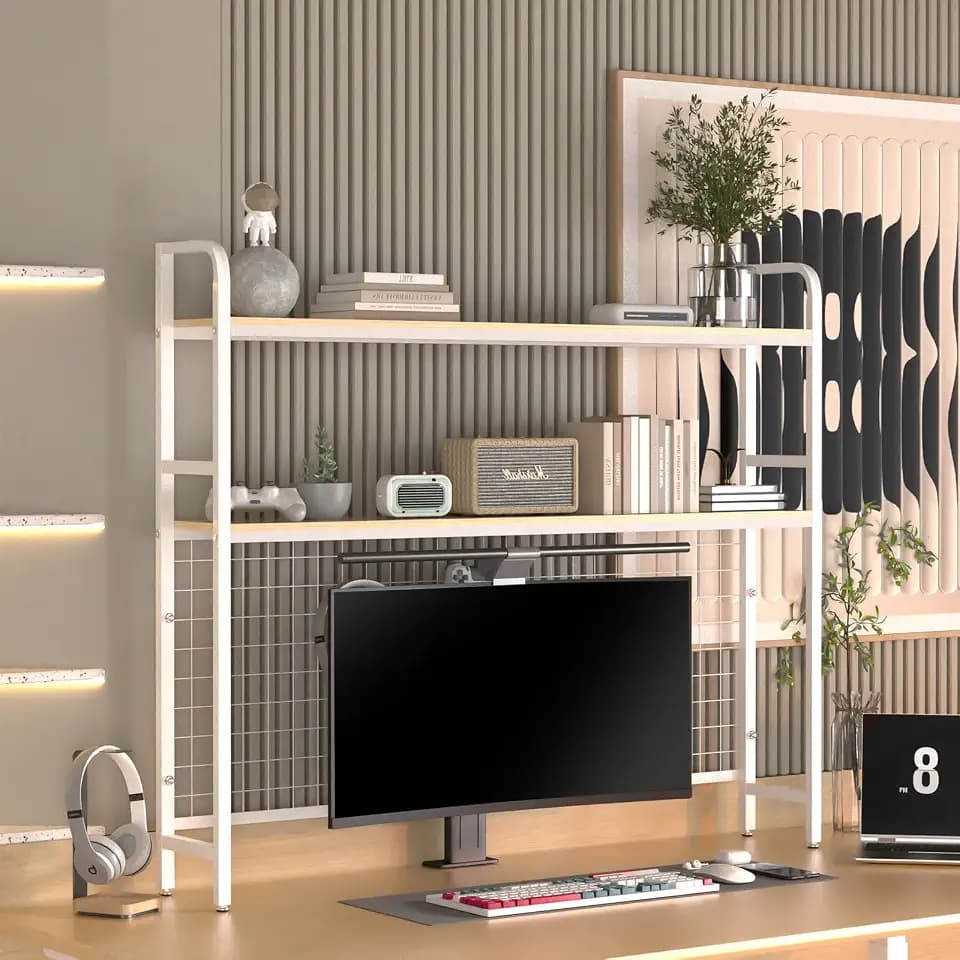 FAHKNS 2-Tier Desktop Bookshelf - Metal Desktop Bookshelf Organizer,Desk Book Organizer with 3 Hooks & DIY Storage Mesh,Suitable for Office/Game Room/Study/Powder Room(White)