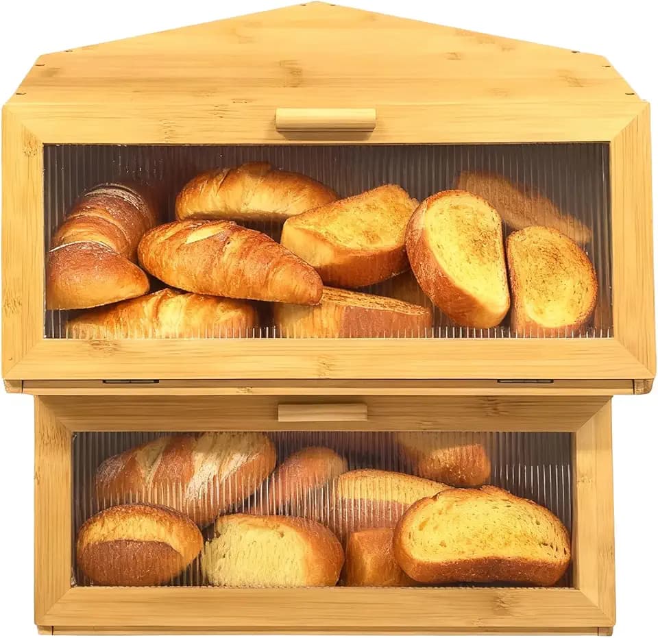 Double Corner Bread Box Storage for Kitchen Countertop. Extra Large Bamboo Bread Boxes. Double Layer Bread Bin for Kitchen Countertop Cabinet.