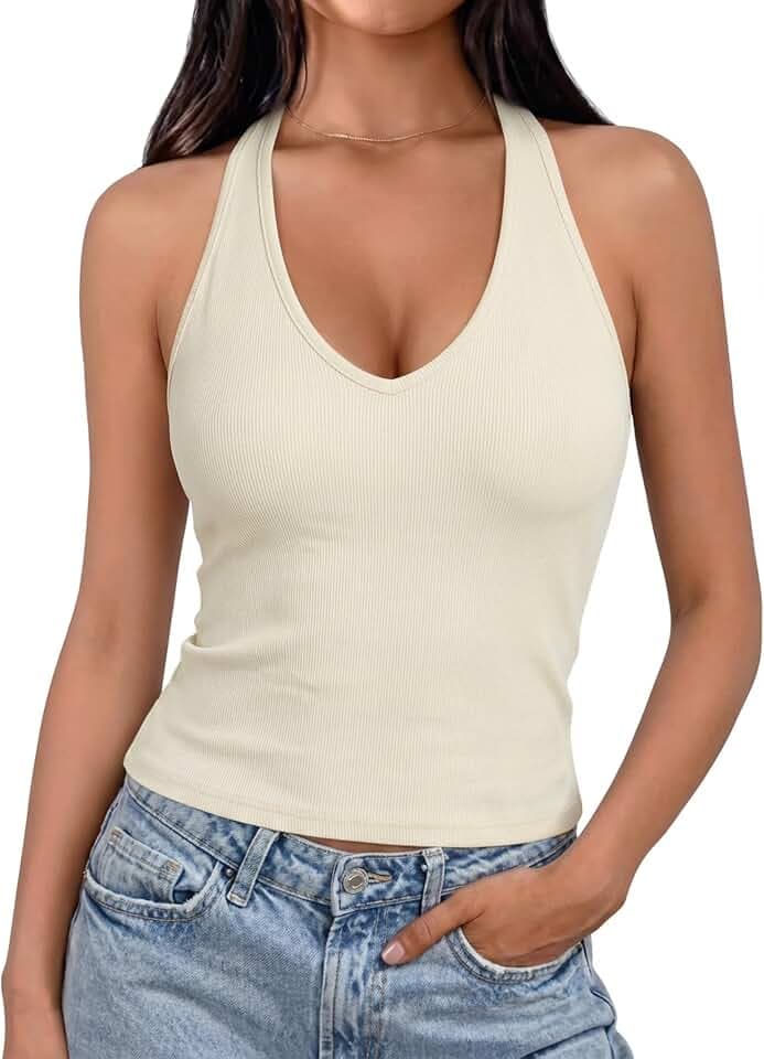 Women's Tank Tops V Neck Cropped Camisole with Built in Bra Sports Knit Padded Sleeveless Basic Tops Soft Stretchy